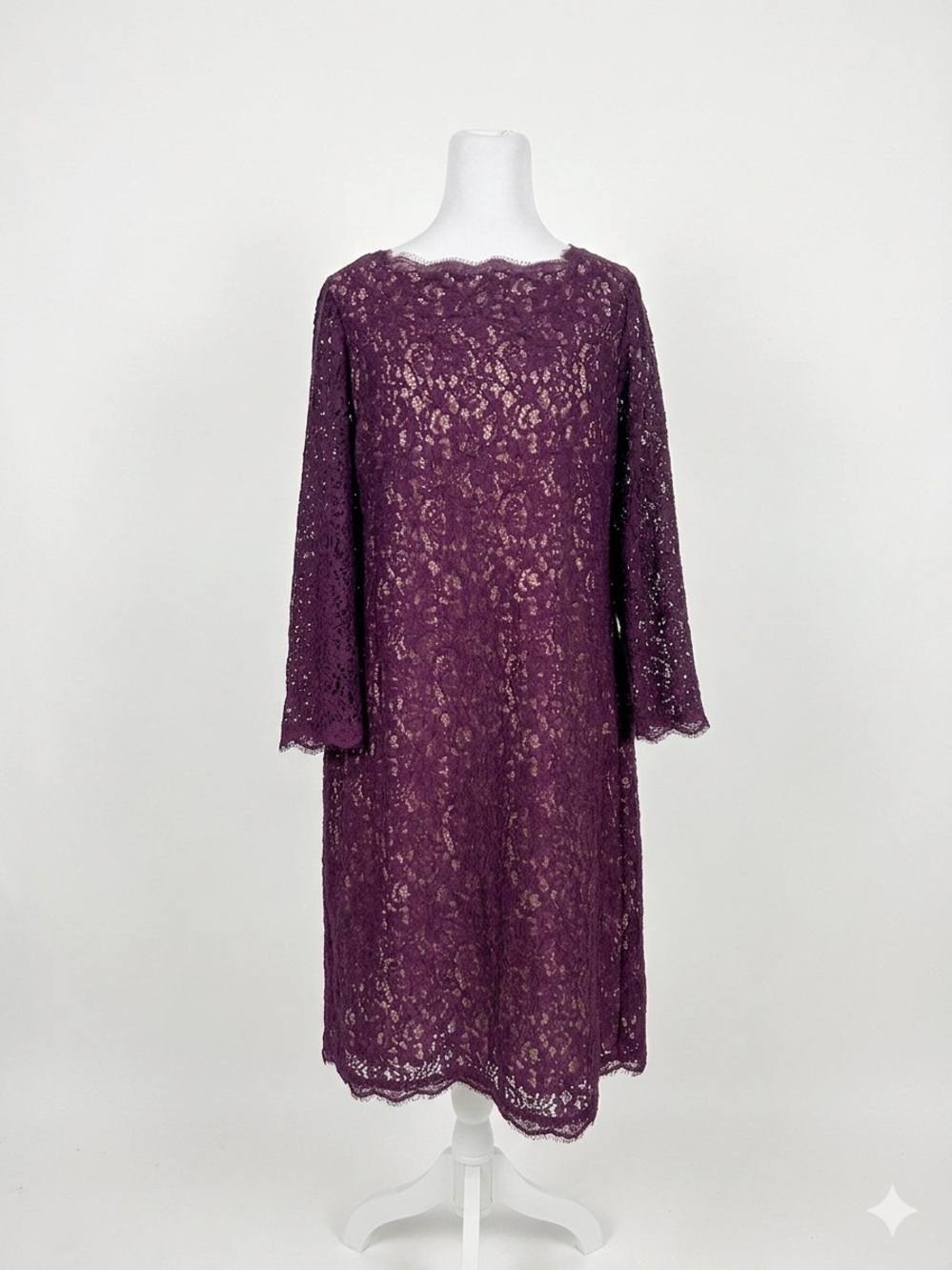 Adrianna Papell‎ Size 16 Dress Purple Floral Lace Long Sleeve Shift Scalloped